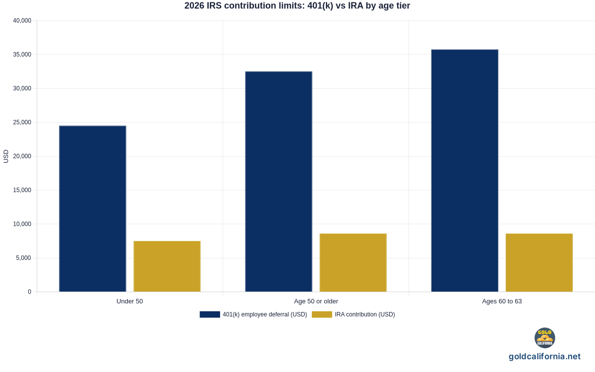 Grouped bar chart of 2026 IRS retirement contribution limits. 401(k) employee deferral is 24500 dollars under age 50, 32500 dollars at age 50 or older with catch-up, and 35750 dollars for ages 60 through 63 with the super catch-up. IRA contribution is 7500 dollars under age 50, 8600 dollars at age 50 or older, and 8600 dollars at ages 60 through 63.