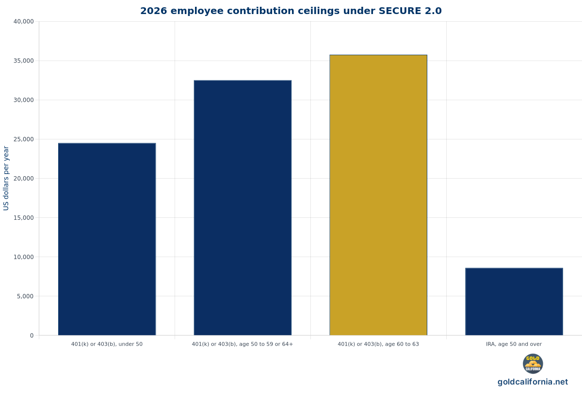 Bar chart of 2026 federal retirement contribution ceilings for a California saver, showing four bands: workplace 401(k) or 403(b) under age 50 at 24500 dollars, workplace age 50 to 59 or 64 and older at 32500 dollars, workplace age 60 to 63 super catch-up at 35750 dollars, and IRA age 50 and over at 8600 dollars. Numbers verified from the IRS 2026 limits release under SECURE 2.0.
